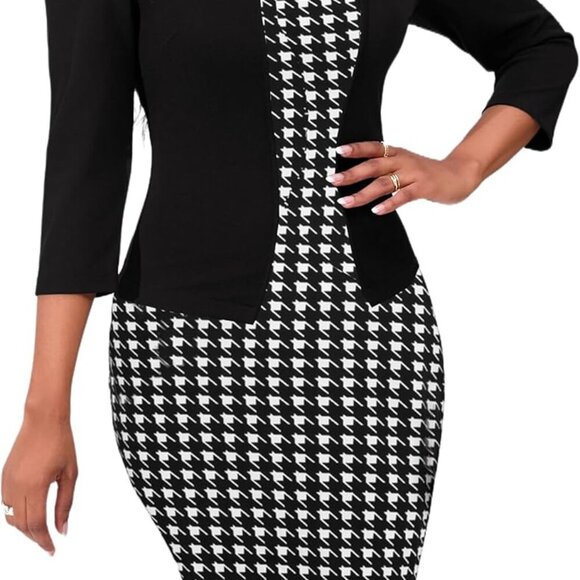 Women's Reto Bodycon Midi Dresses 3/4 Sleeve Church Wear to Work Business Pencil - Picture 3 of 6